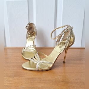 Guess Snake Print Heels Gold Leather Strappy Stilettos Evening Cocktail Size 5.5